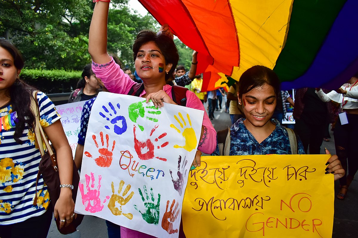 Image of three activists carrying a Rainbow Pride flag and homemade signs in India. Credit: Wikimedia Commons.